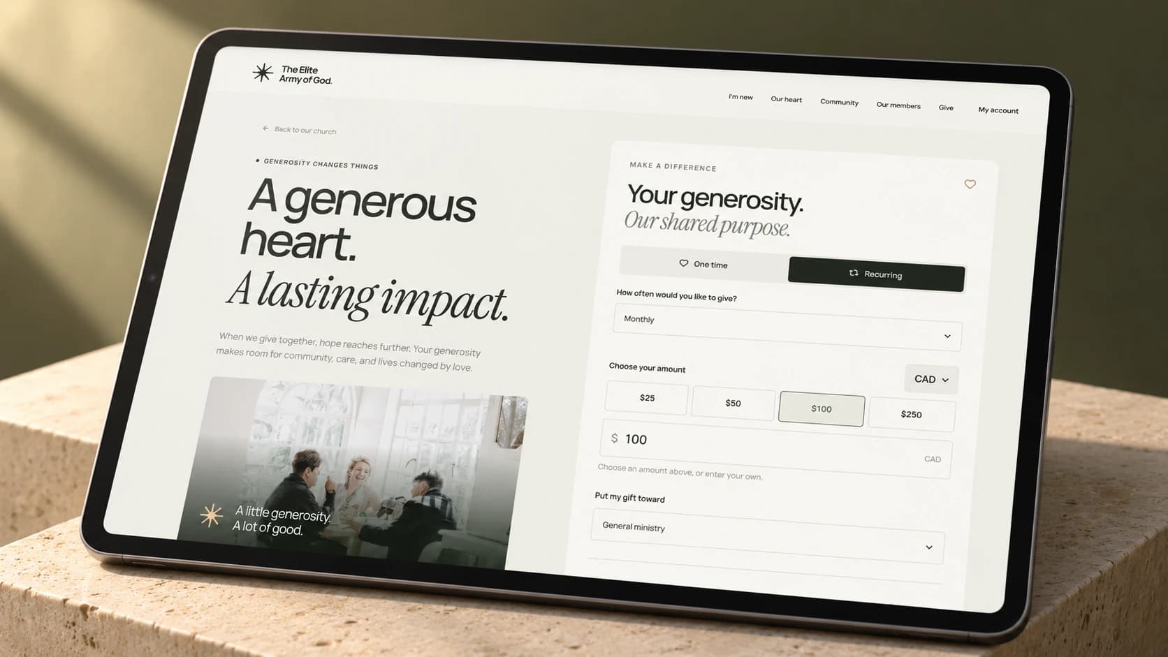 A close-up of the giving experience on a tablet, showing donation amounts, Canadian dollars, and recurring giving options.